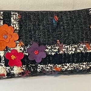Vera Bradley Tweed Black and White Clutch with Floral Accents Vintage